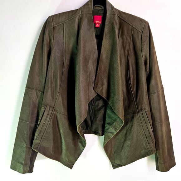 G.I.L.I. Open Front Tonal Printed Leather Jacket Size 0 Brownish Green Boho - Picture 1 of 10